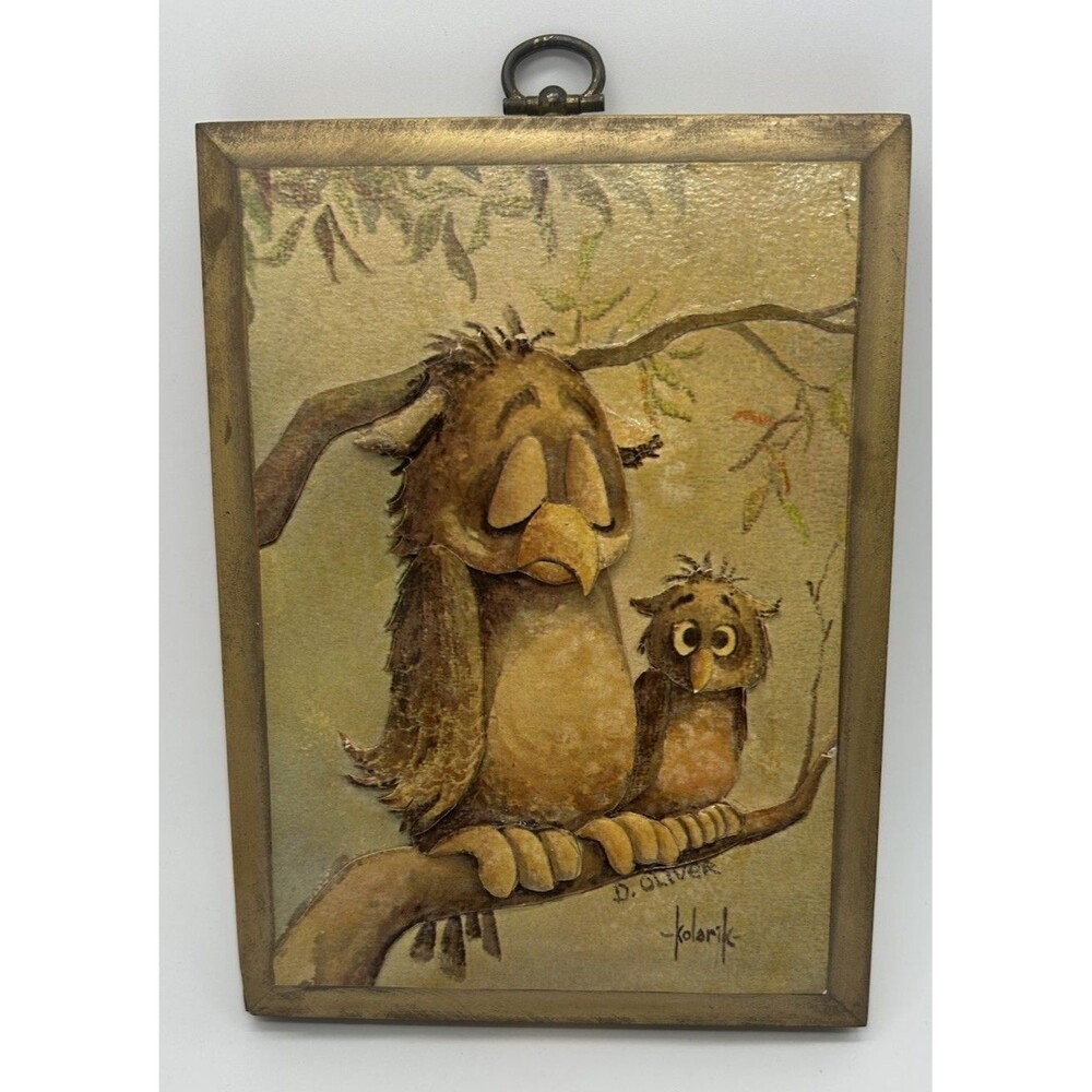 VTG Wooden Decoupage Owl Plaque‎ MCM Gallery Wall Green Brown D.Oliver Kolarik